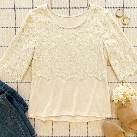 Pleione Lace Tunic Top Romantic Cottagecore Ivory 3/4 Sleeve Large - Picture 2 of 10